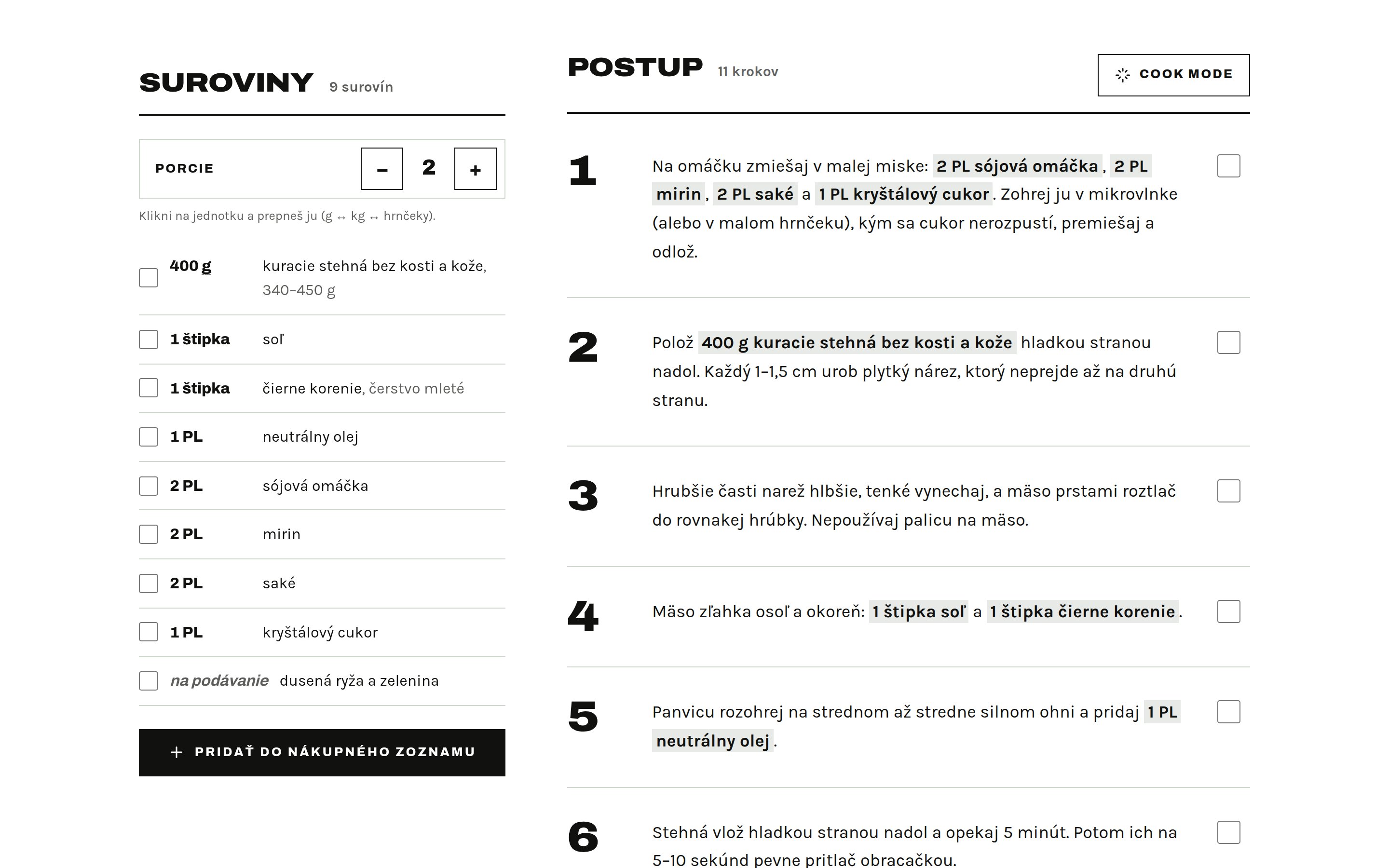 Detail receptu – prepočet porcií, suroviny a postup