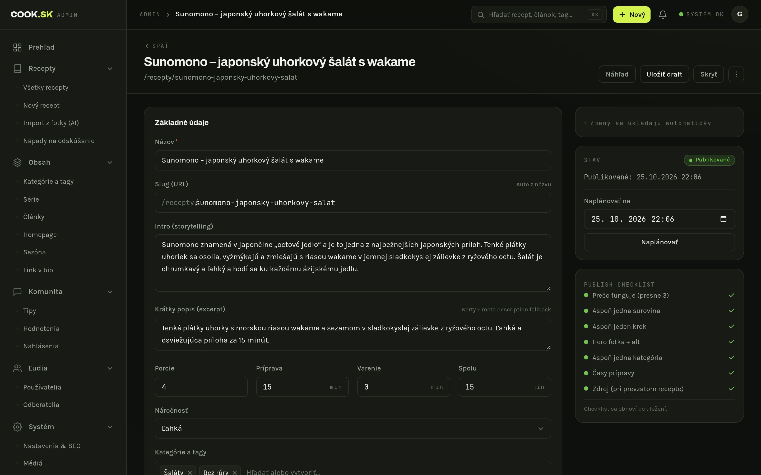 Administrácia – editor receptu s publish checklistom