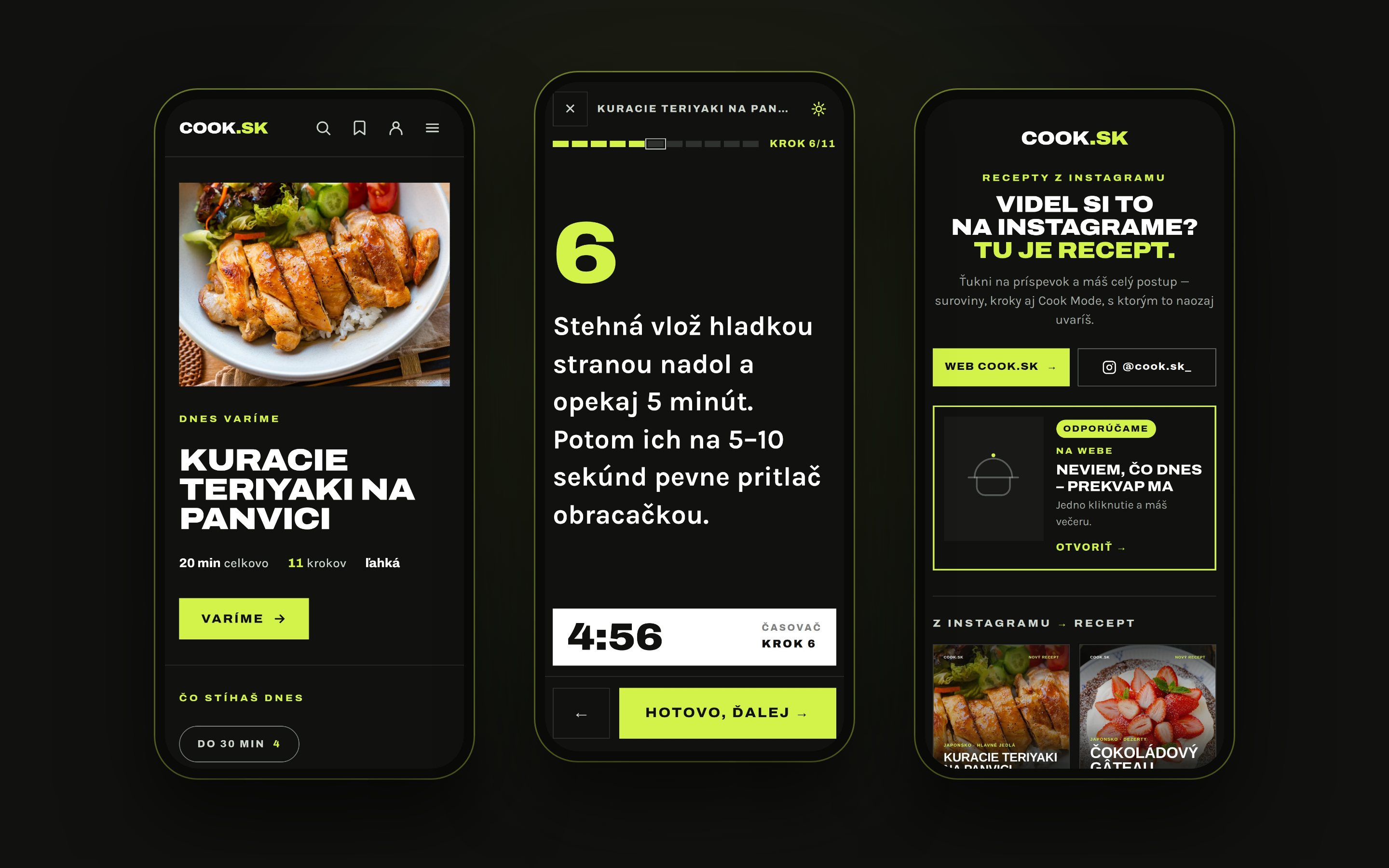Na mobile – úvodná stránka, Cook Mode s časovačom a link v bio pre Instagram